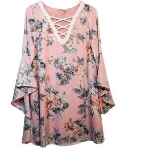 Entro‎ Laced V-Neck Pink & White Floral Shift Dress Bell Sleeves Romantic Size L